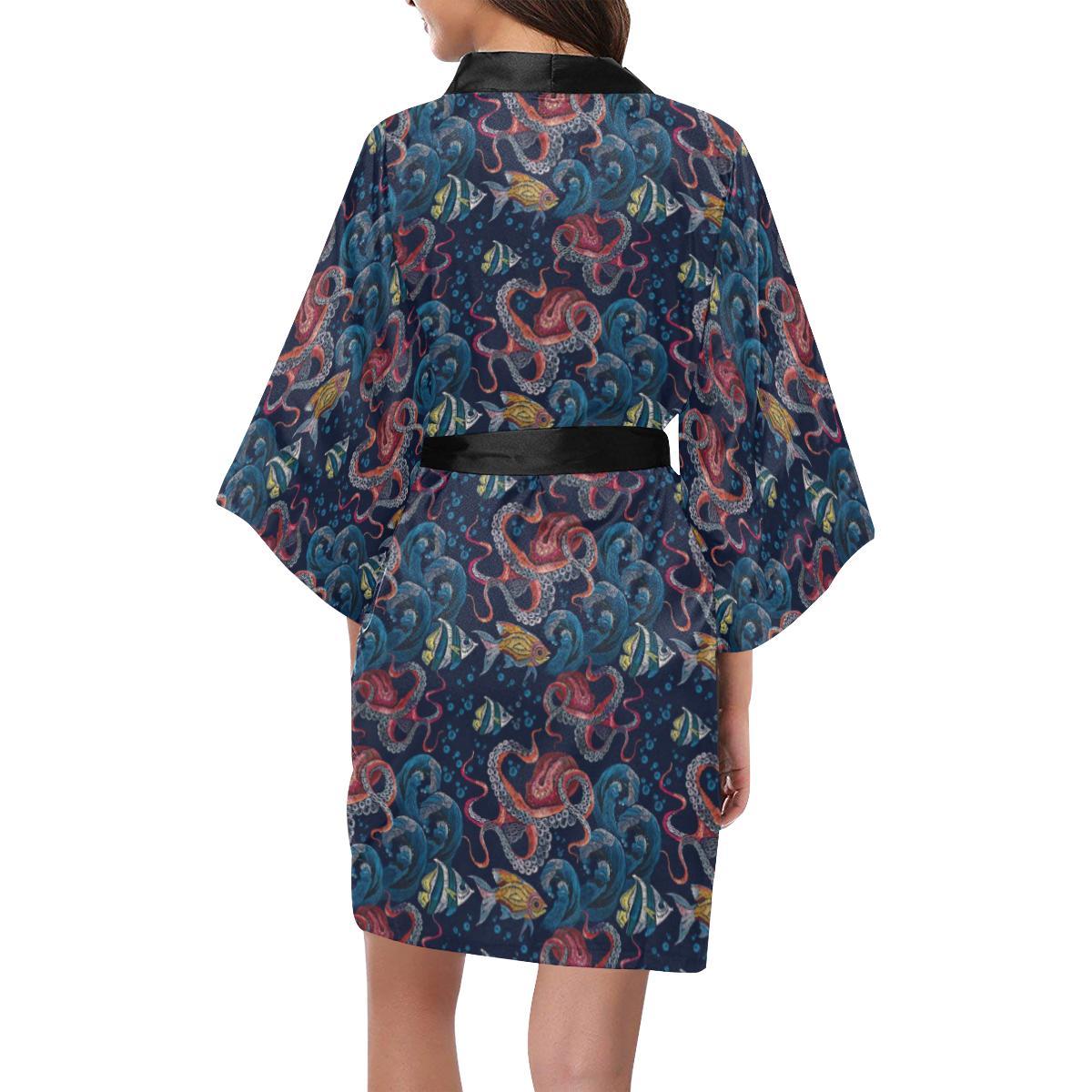 Octopus Deep Sea Print Themed Women Short Kimono Robe