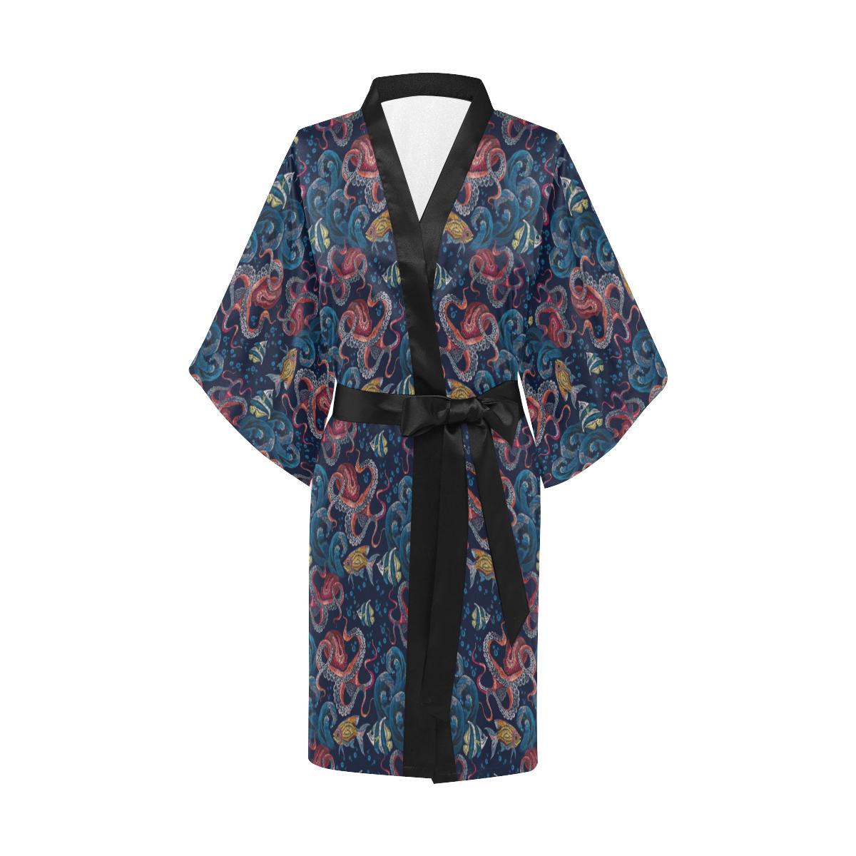 Octopus Deep Sea Print Themed Women Short Kimono Robe