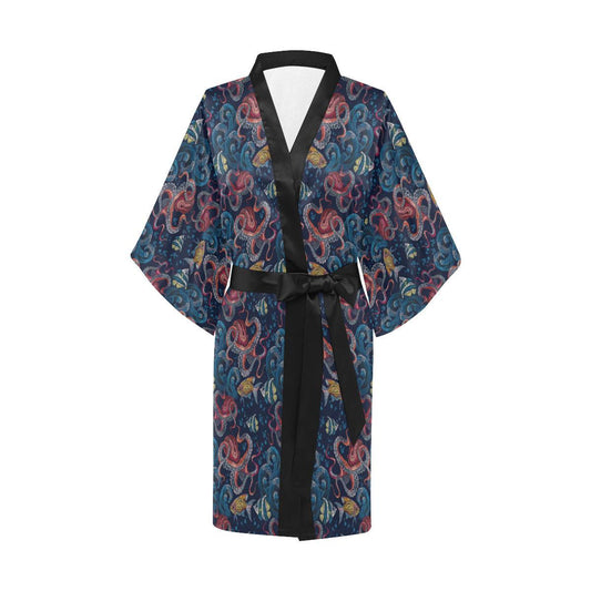 Octopus Deep Sea Print Themed Women Short Kimono Robe