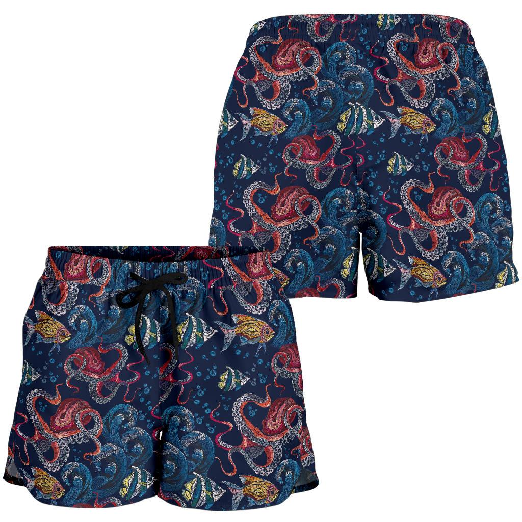 Octopus Deep Sea Print Themed Women Shorts-JTAMIGO.COM