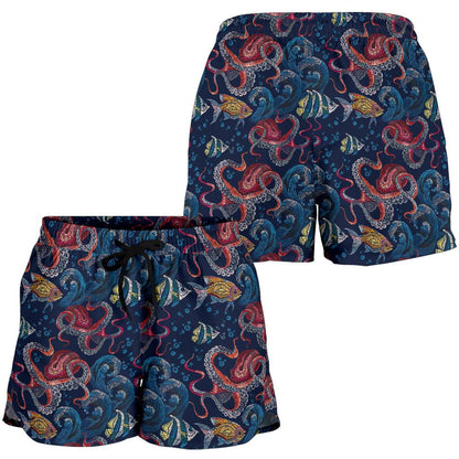 Octopus Deep Sea Print Themed Women Shorts-JTAMIGO.COM