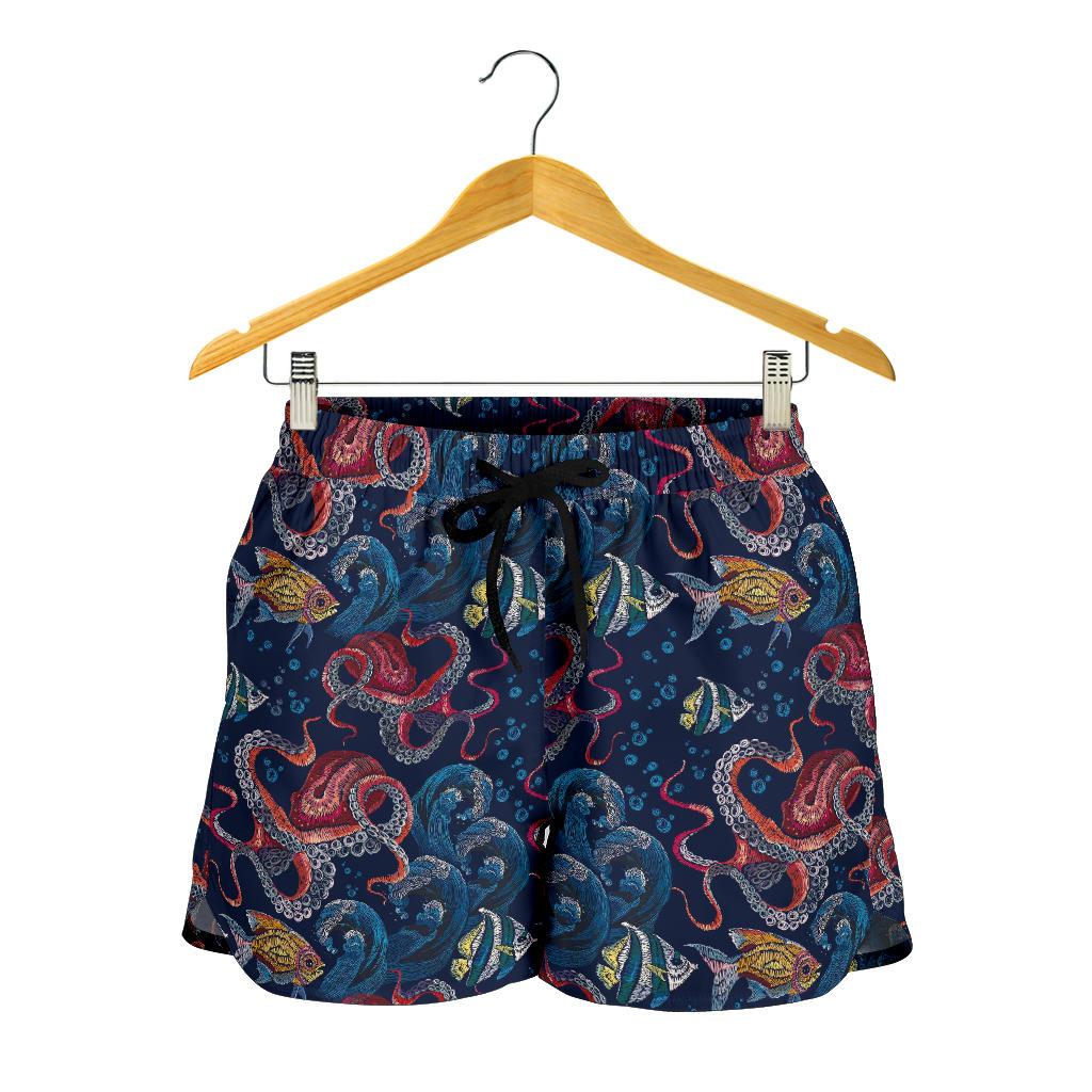 Octopus Deep Sea Print Themed Women Shorts-JTAMIGO.COM