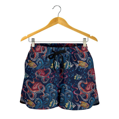 Octopus Deep Sea Print Themed Women Shorts-JTAMIGO.COM