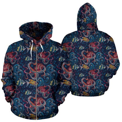 Octopus Deep Sea Print Themed Zip Up Hoodie