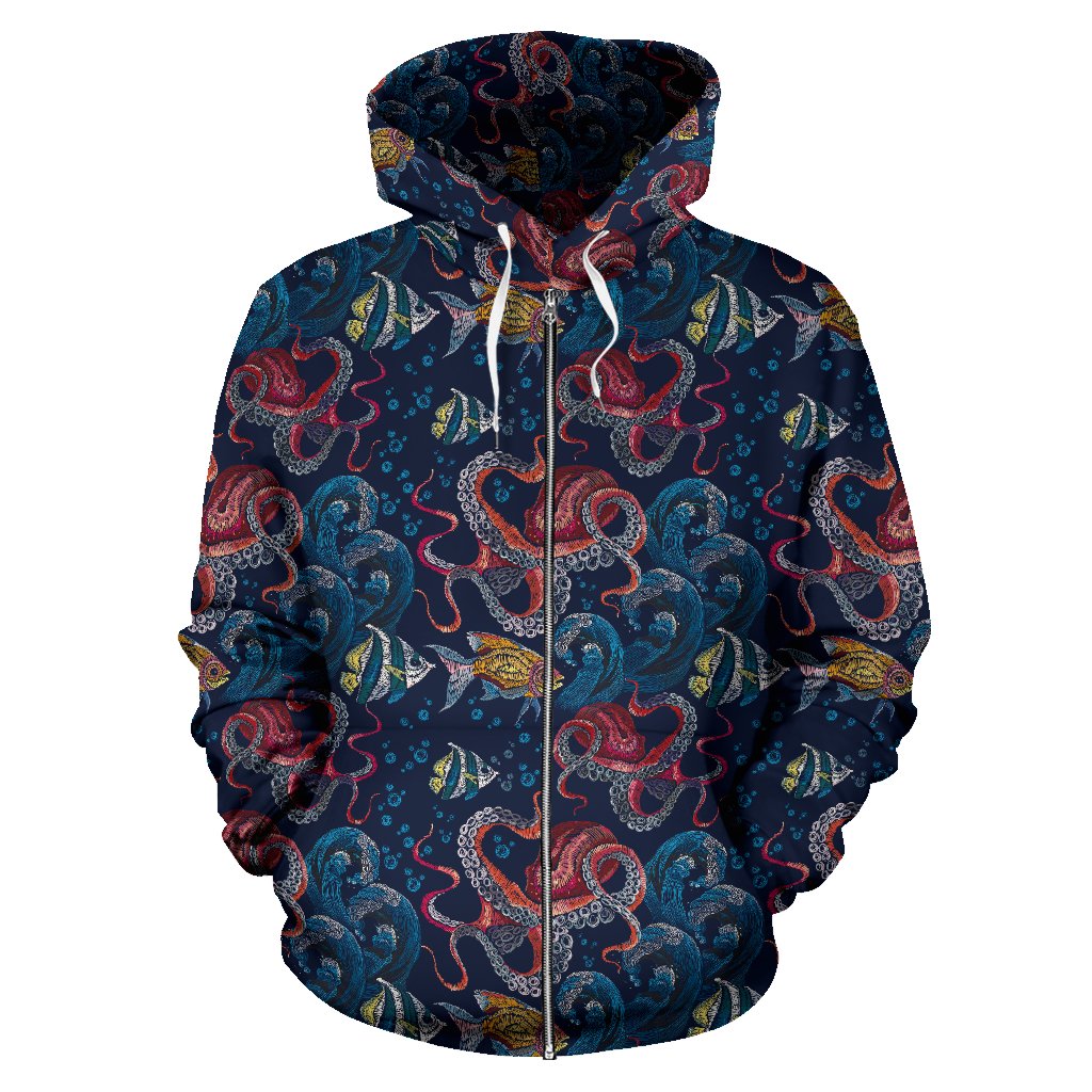 Octopus Deep Sea Print Themed Zip Up Hoodie