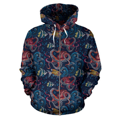 Octopus Deep Sea Print Themed Zip Up Hoodie