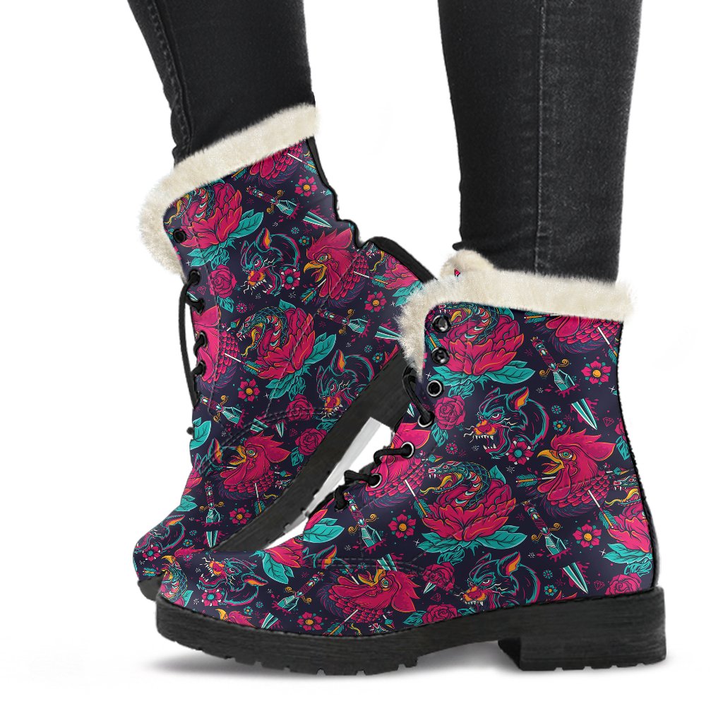Old School Tattoo Print Faux Fur Leather Boots-JTAMIGO.COM