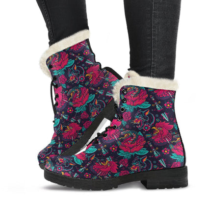 Old School Tattoo Print Faux Fur Leather Boots-JTAMIGO.COM