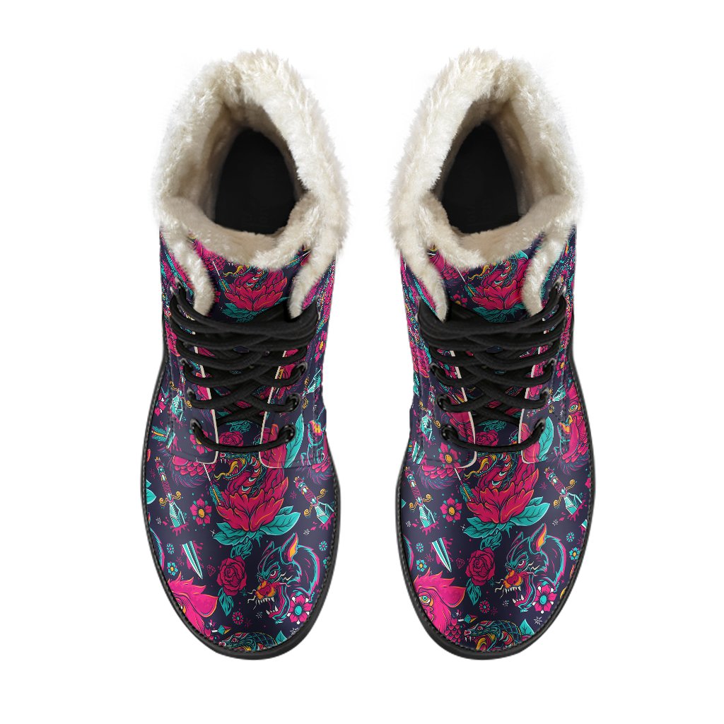 Old School Tattoo Print Faux Fur Leather Boots-JTAMIGO.COM
