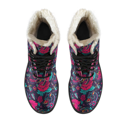 Old School Tattoo Print Faux Fur Leather Boots-JTAMIGO.COM