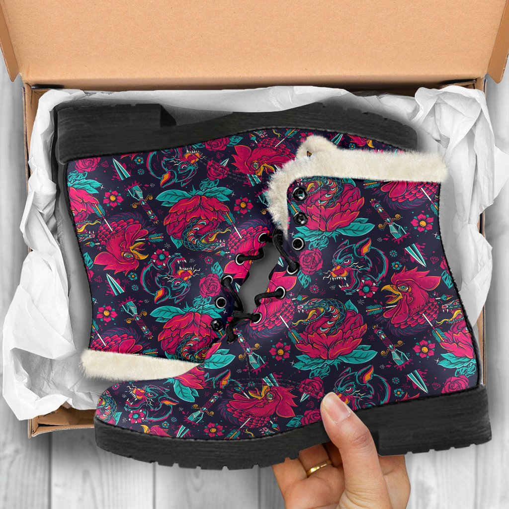 Old School Tattoo Print Faux Fur Leather Boots-JTAMIGO.COM