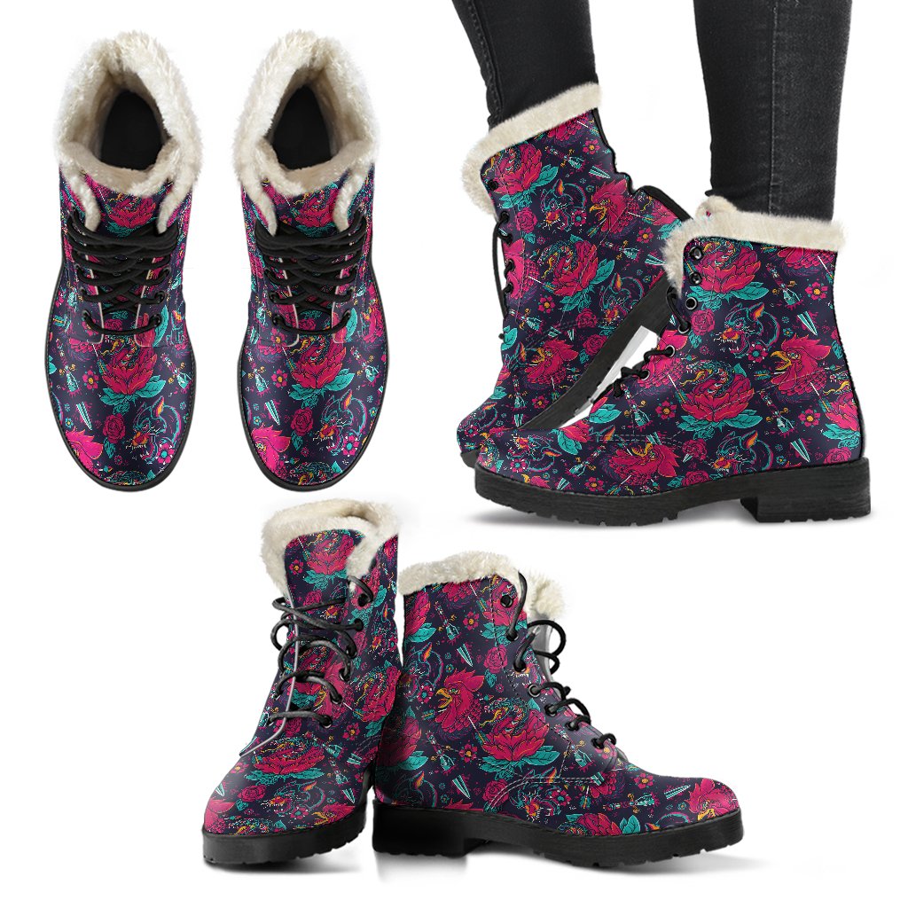 Old School Tattoo Print Faux Fur Leather Boots-JTAMIGO.COM