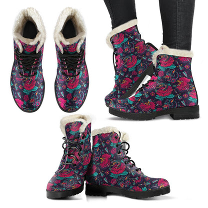 Old School Tattoo Print Faux Fur Leather Boots-JTAMIGO.COM