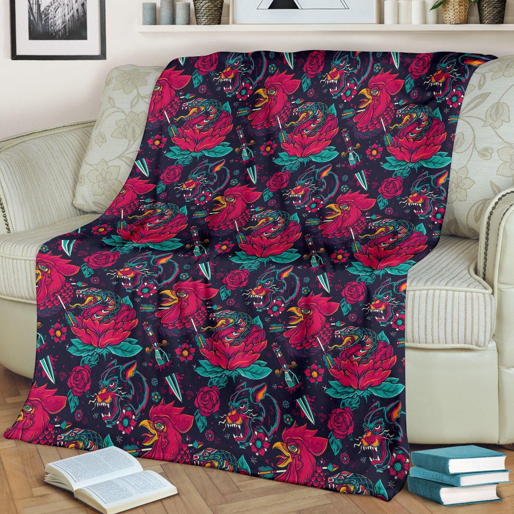 Old School Tattoo Print Fleece Blanket