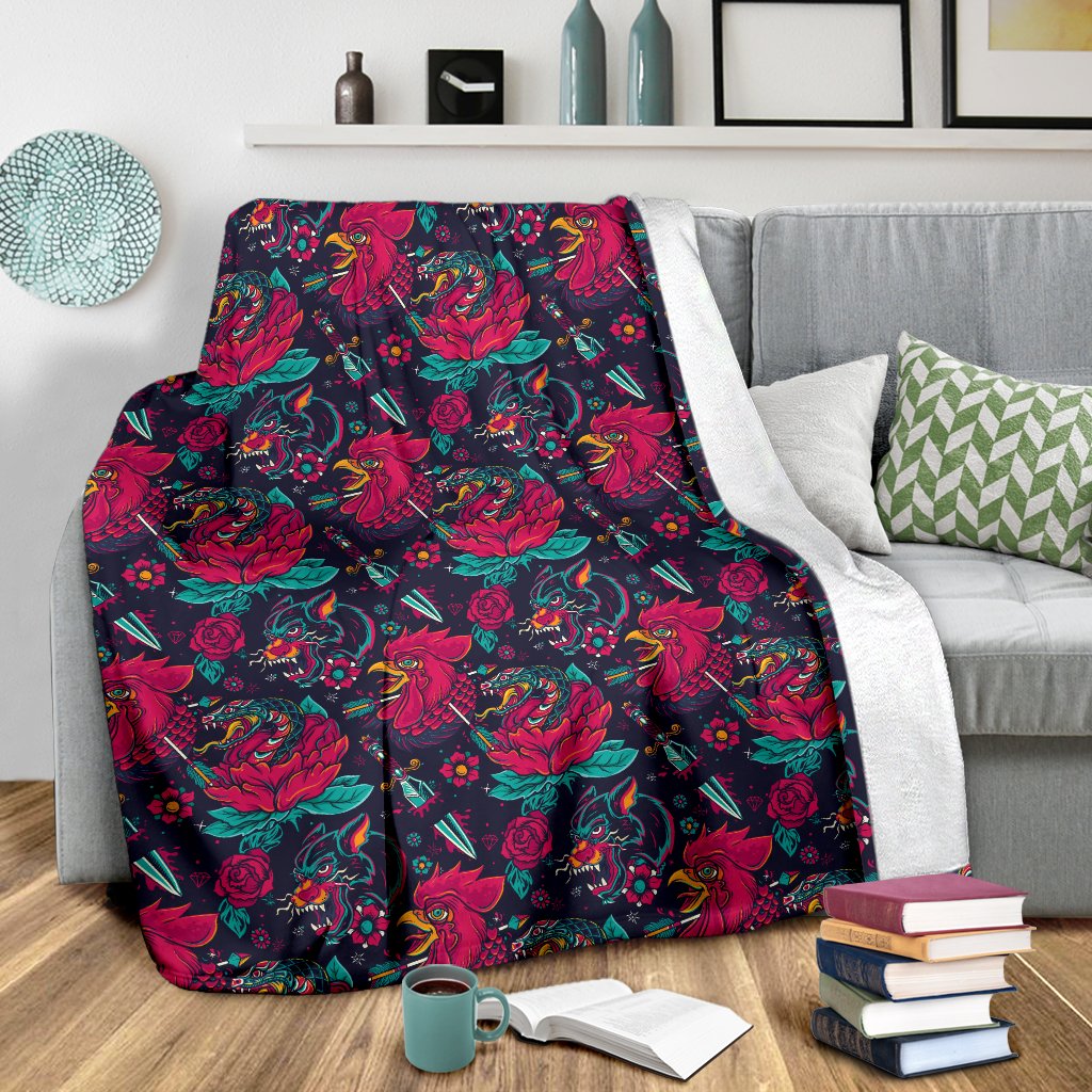 Old School Tattoo Print Fleece Blanket