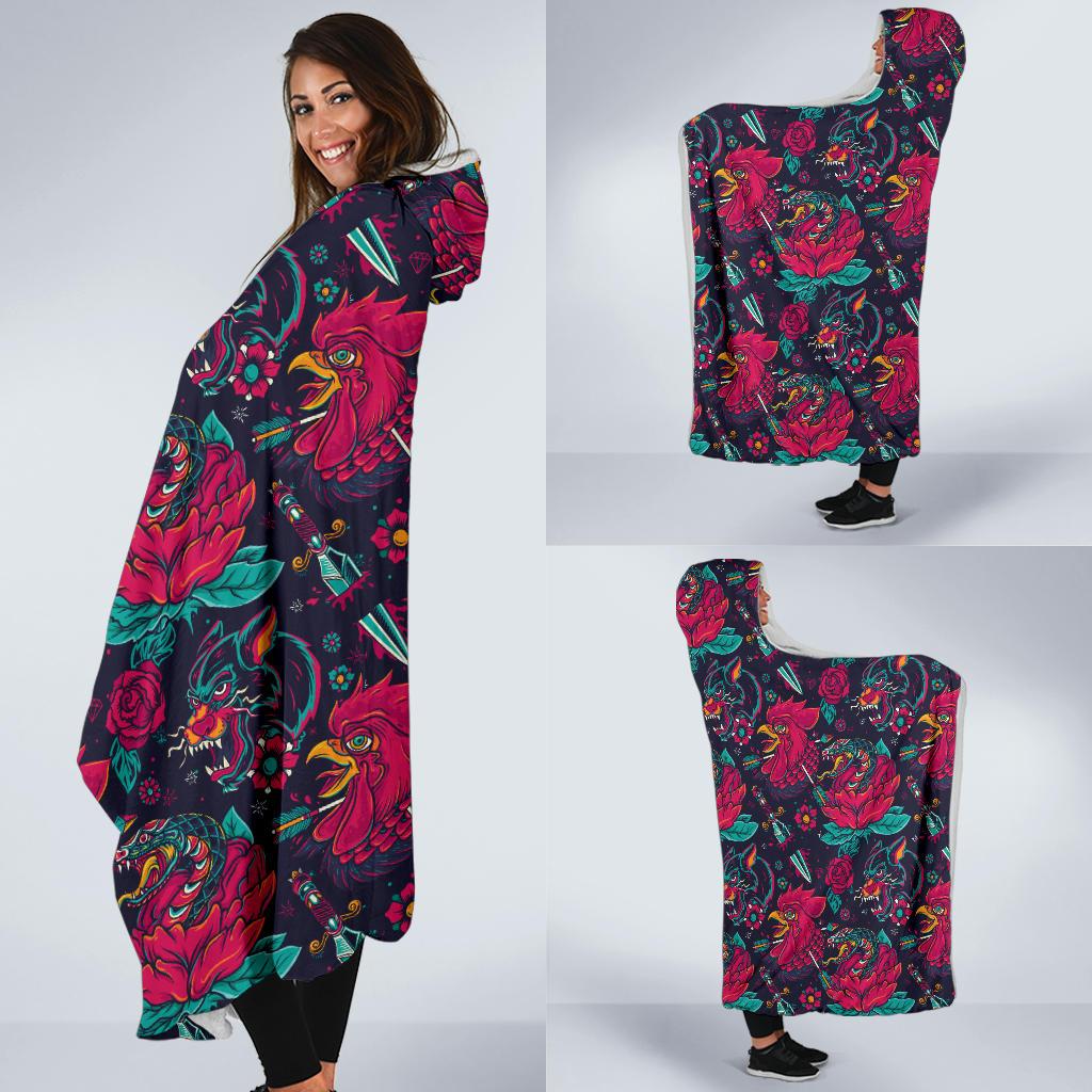 Old School Tattoo Print Hooded Blanket-JTAMIGO.COM