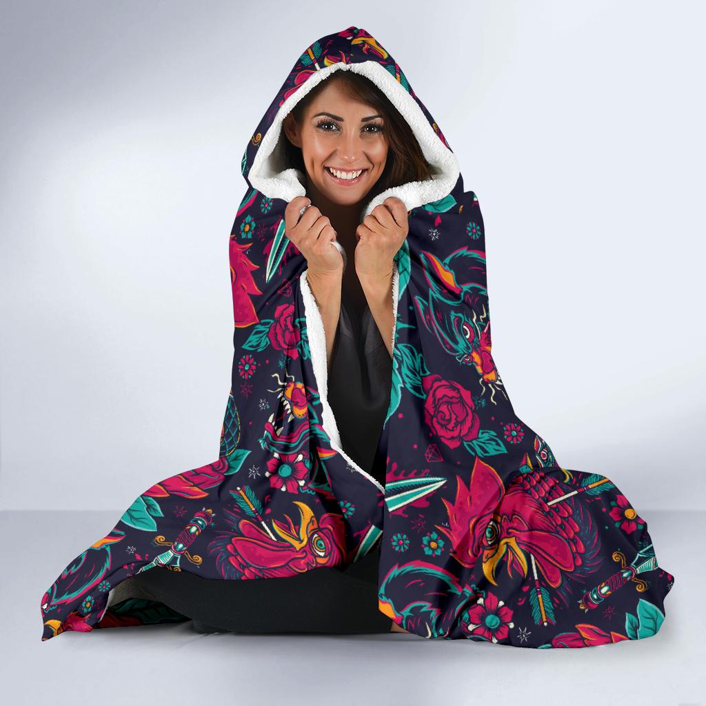 Old School Tattoo Print Hooded Blanket-JTAMIGO.COM