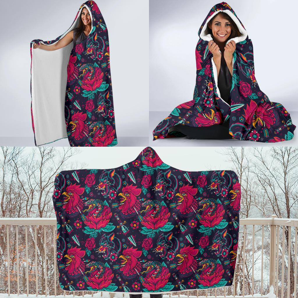 Old School Tattoo Print Hooded Blanket-JTAMIGO.COM