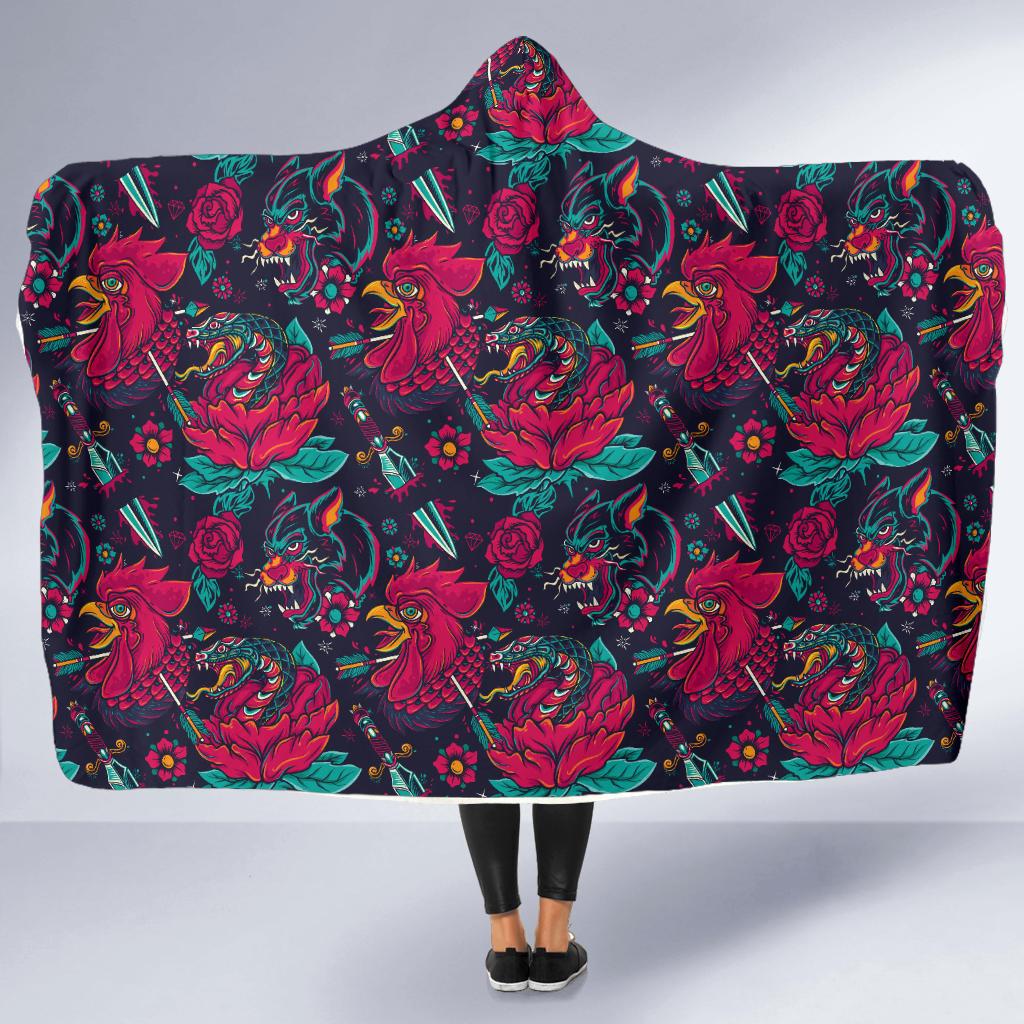 Old School Tattoo Print Hooded Blanket-JTAMIGO.COM