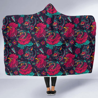 Old School Tattoo Print Hooded Blanket-JTAMIGO.COM