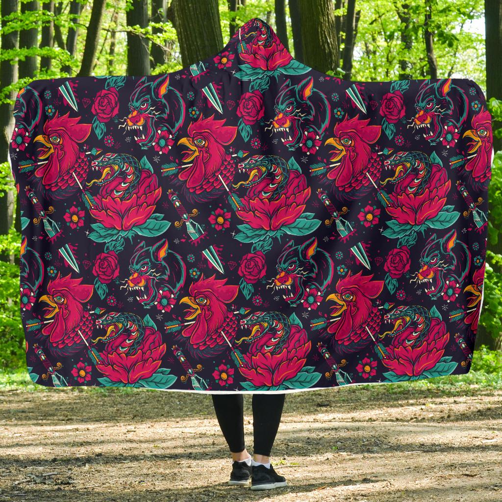 Old School Tattoo Print Hooded Blanket-JTAMIGO.COM