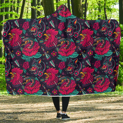 Old School Tattoo Print Hooded Blanket-JTAMIGO.COM
