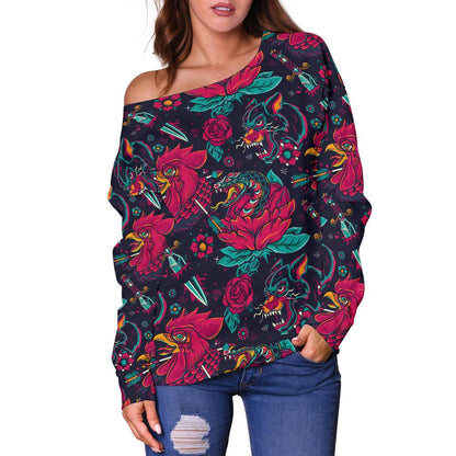 Old School Tattoo Print Off Shoulder Sweatshirt