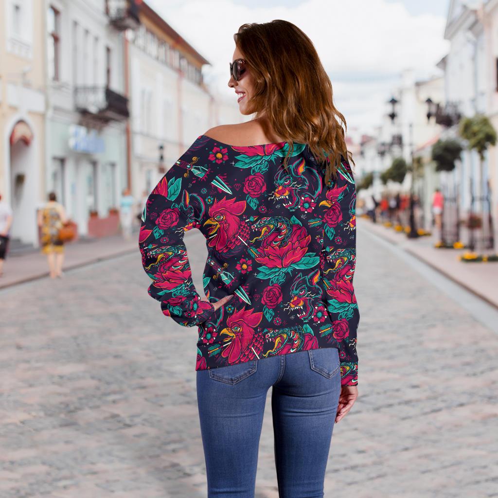 Old School Tattoo Print Off Shoulder Sweatshirt
