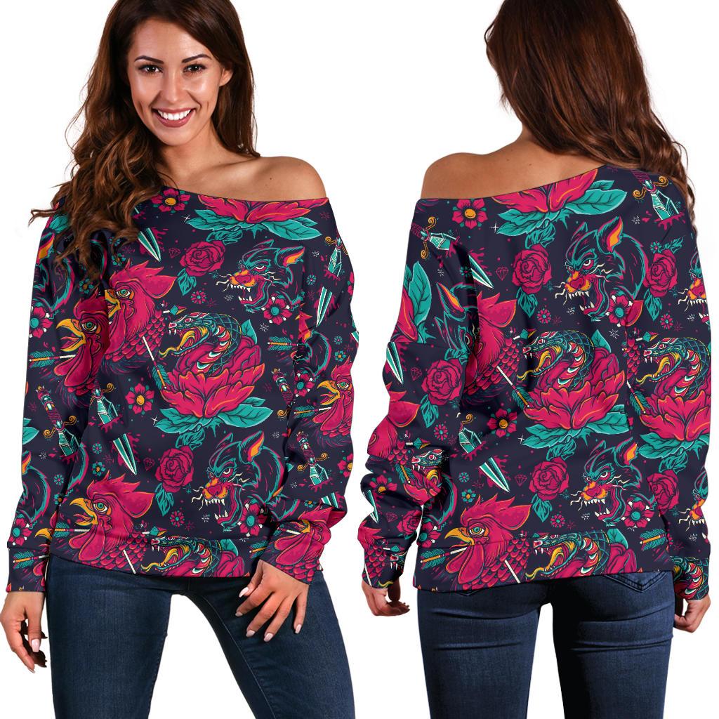 Old School Tattoo Print Off Shoulder Sweatshirt