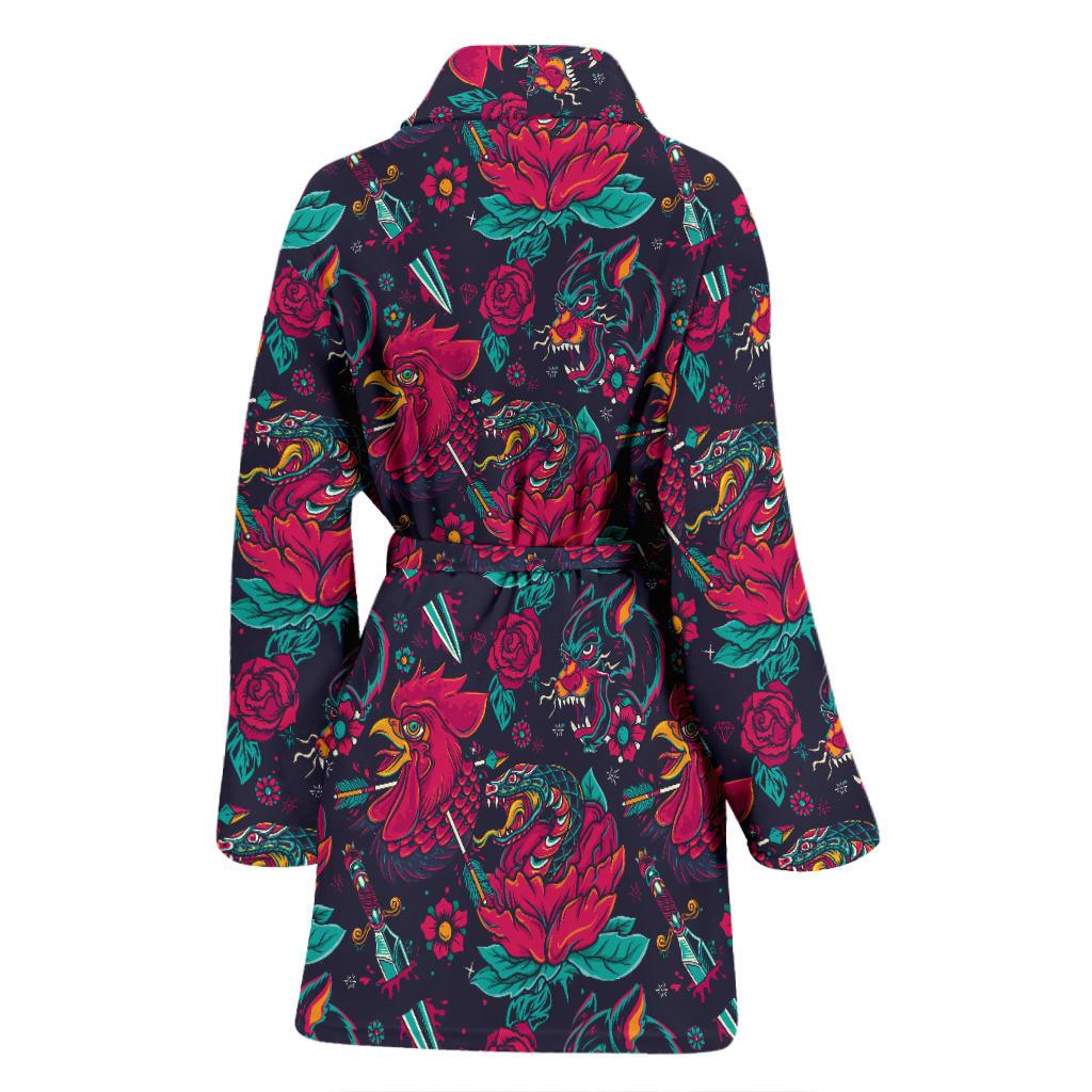 Old School Tattoo Print Women Bath Robe-JTAMIGO.COM