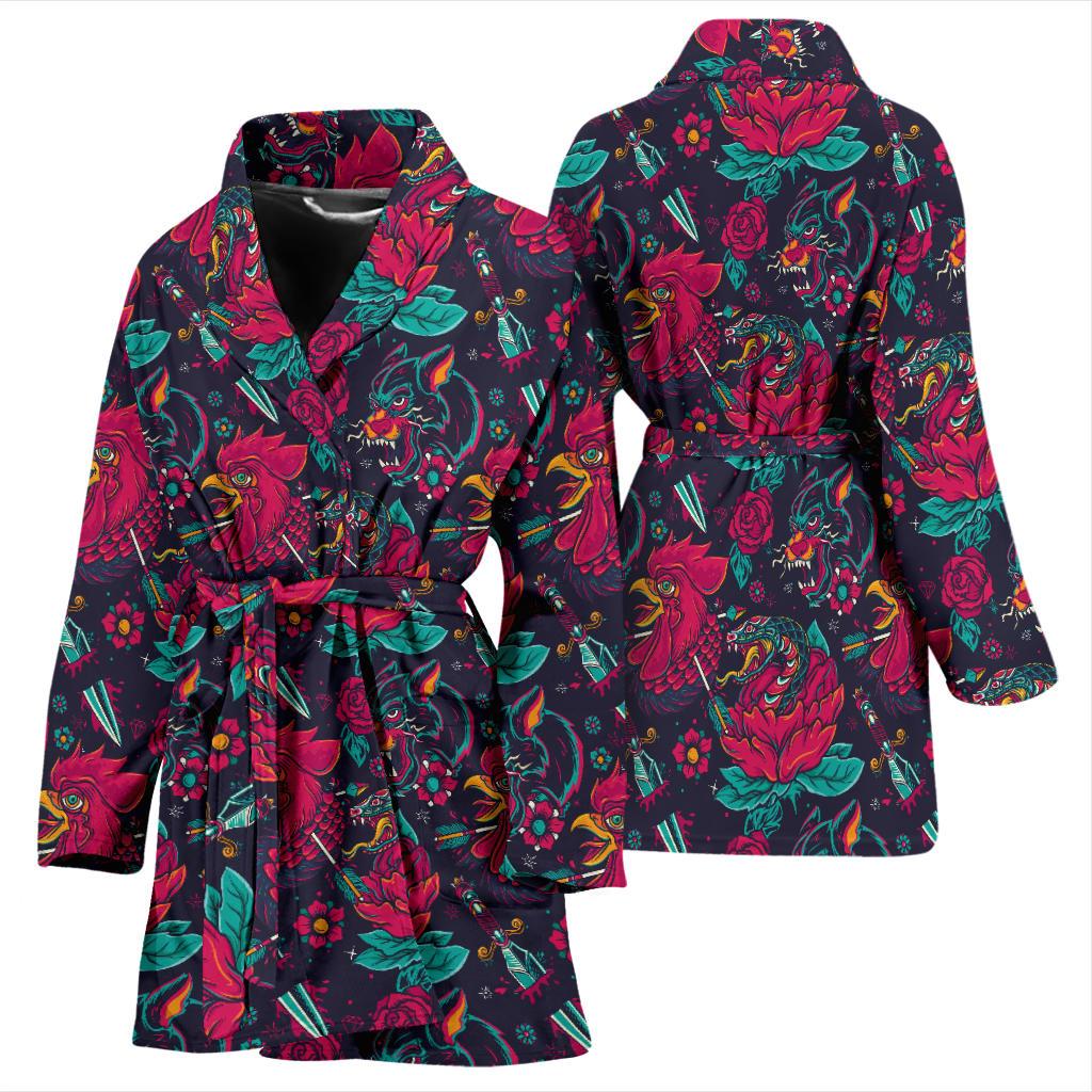 Old School Tattoo Print Women Bath Robe-JTAMIGO.COM