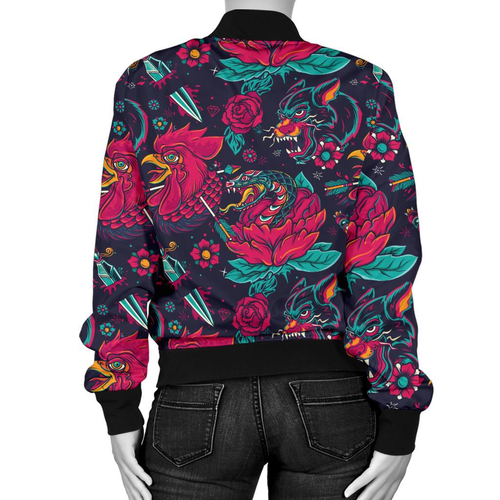 Old School Tattoo Print Women Casual Bomber Jacket
