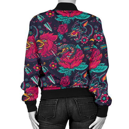 Old School Tattoo Print Women Casual Bomber Jacket