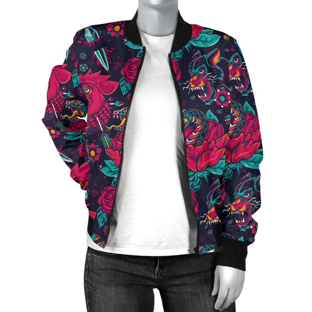 Old School Tattoo Print Women Casual Bomber Jacket