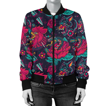 Old School Tattoo Print Women Casual Bomber Jacket