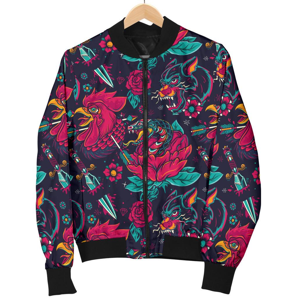 Old School Tattoo Print Women Casual Bomber Jacket