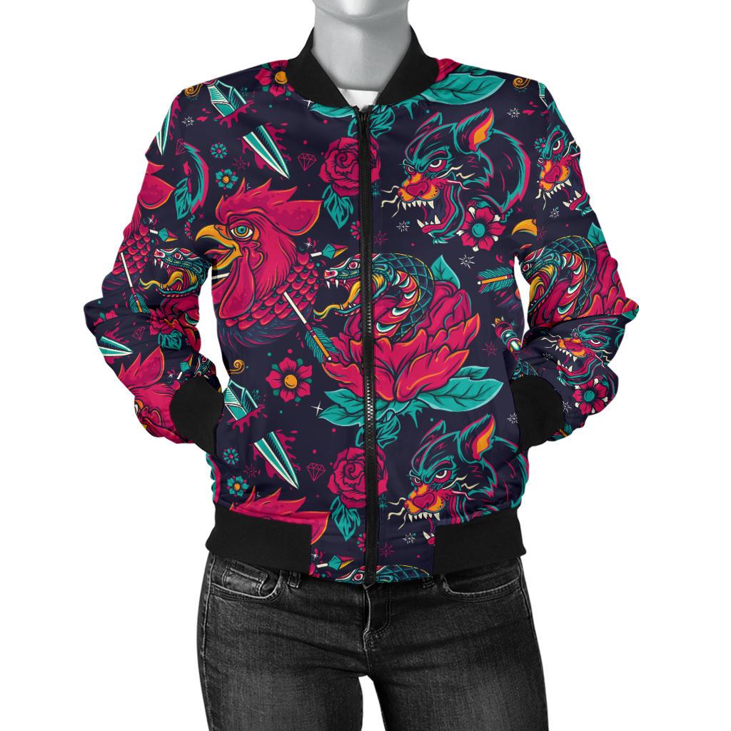 Old School Tattoo Print Women Casual Bomber Jacket
