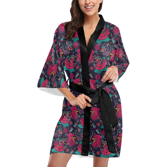Old School Tattoo Print Women Short Kimono Robe