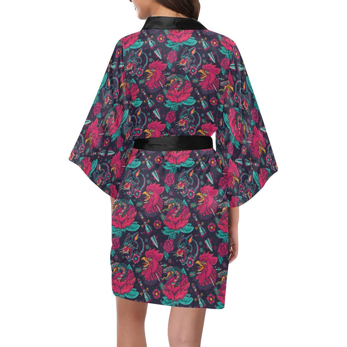 Old School Tattoo Print Women Short Kimono Robe