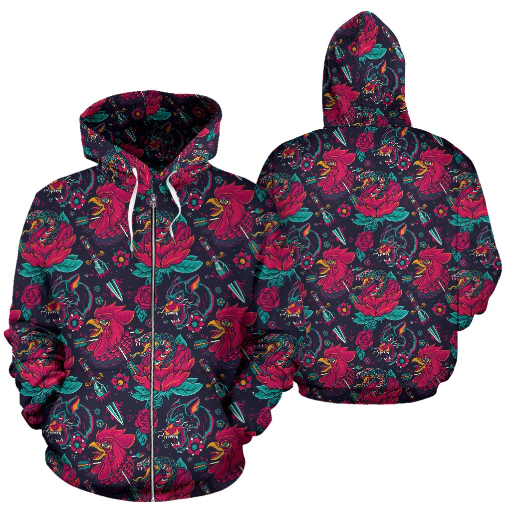 Old School Tattoo Print Zip Up Hoodie