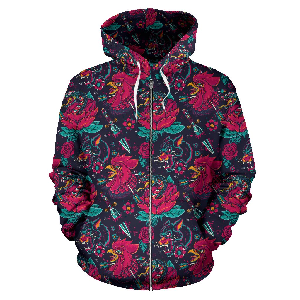 Old School Tattoo Print Zip Up Hoodie