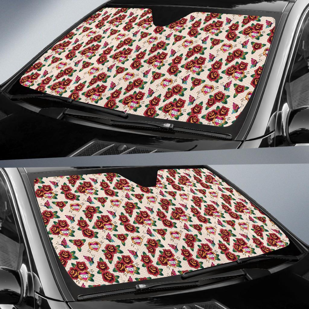 Old School Tattoo Rose Pattern Car Sun Shade For Windshield