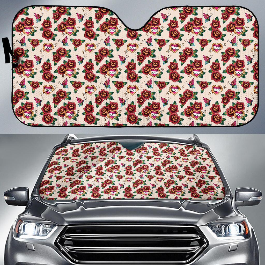 Old School Tattoo Rose Pattern Car Sun Shade For Windshield
