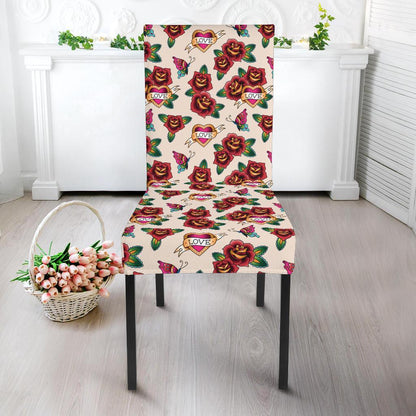 Old School Tattoo Rose Pattern Dining Chair Slipcover-JTAMIGO.COM