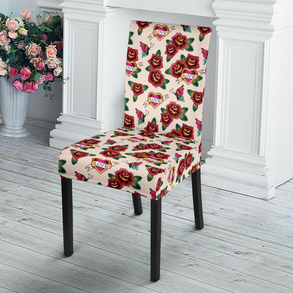 Old School Tattoo Rose Pattern Dining Chair Slipcover-JTAMIGO.COM