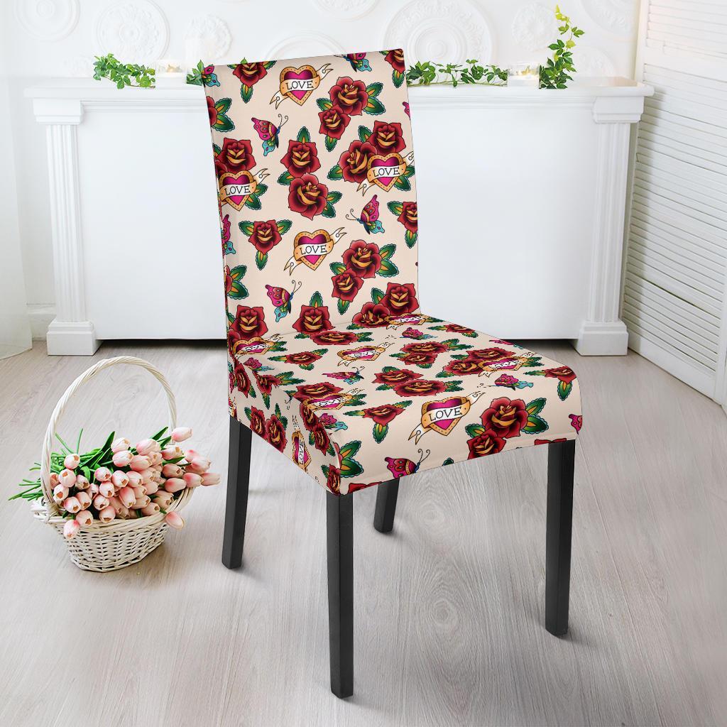 Old School Tattoo Rose Pattern Dining Chair Slipcover-JTAMIGO.COM
