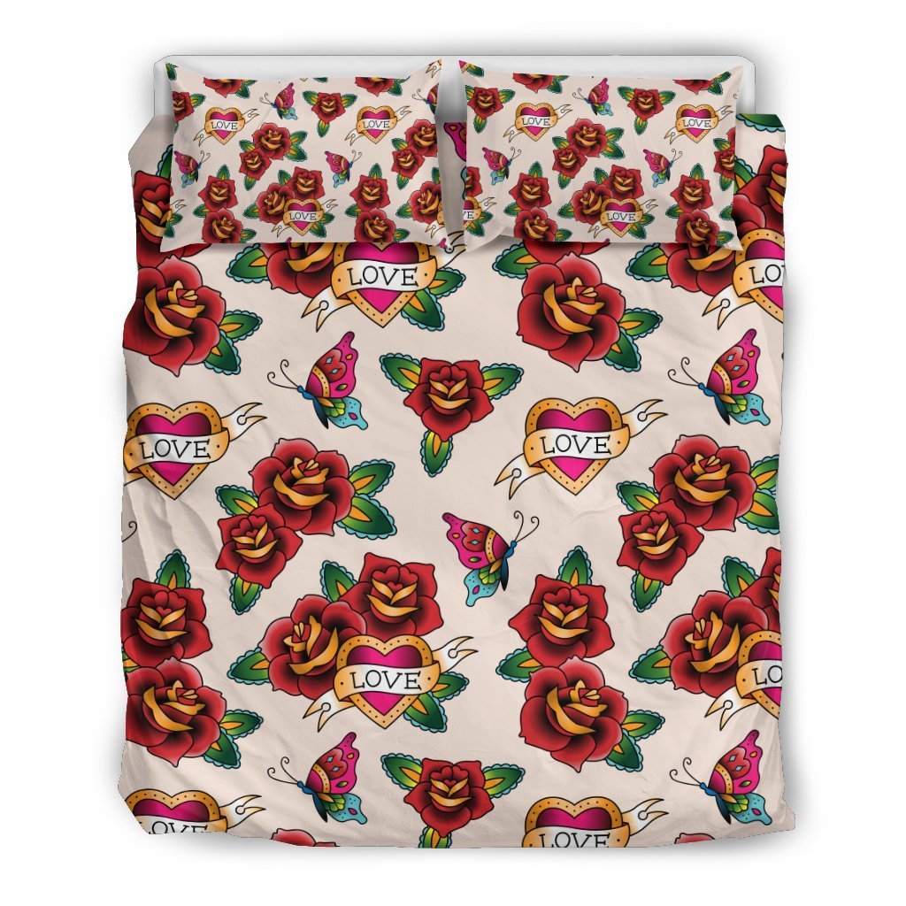 Old School Tattoo Rose Pattern Duvet Cover Bedding Set