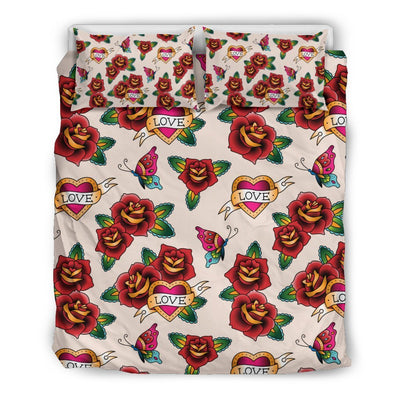 Old School Tattoo Rose Pattern Duvet Cover Bedding Set