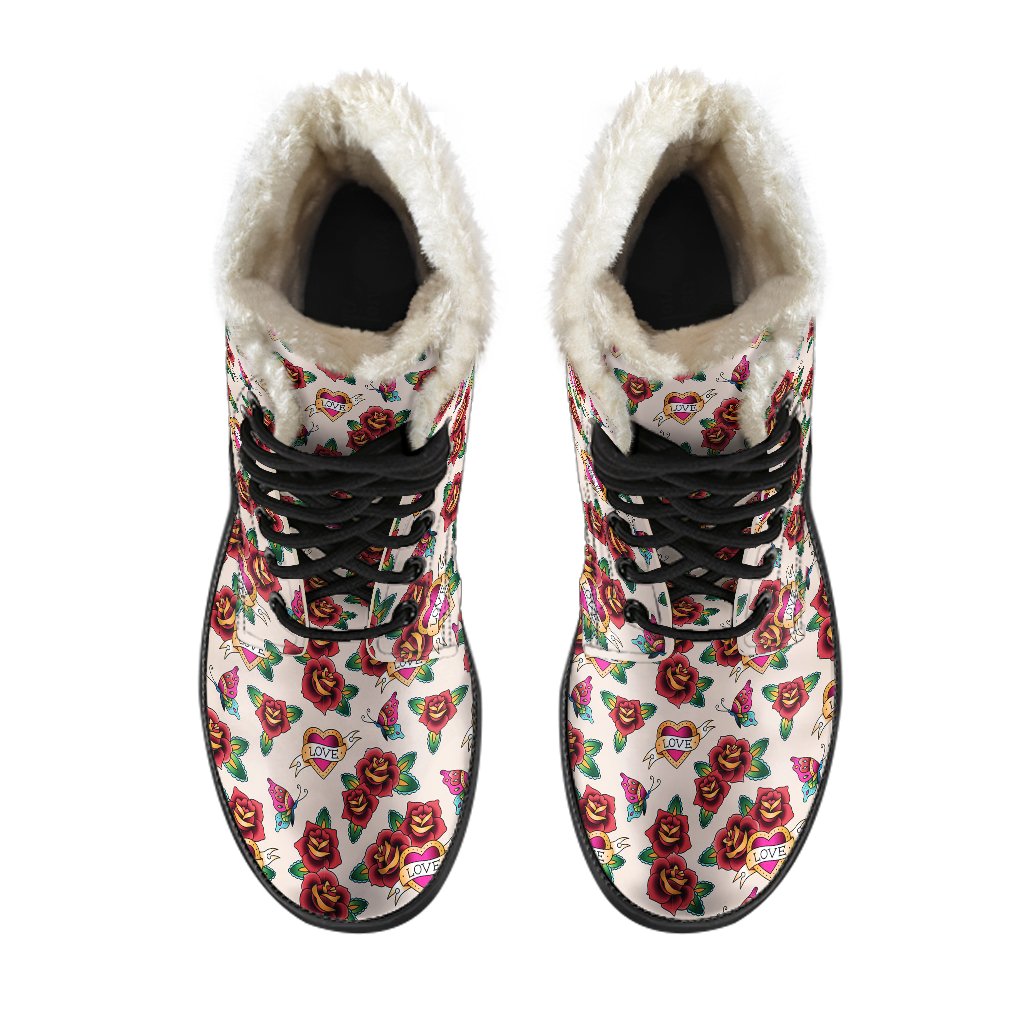 Old School Tattoo Rose Pattern Faux Fur Leather Boots-JTAMIGO.COM