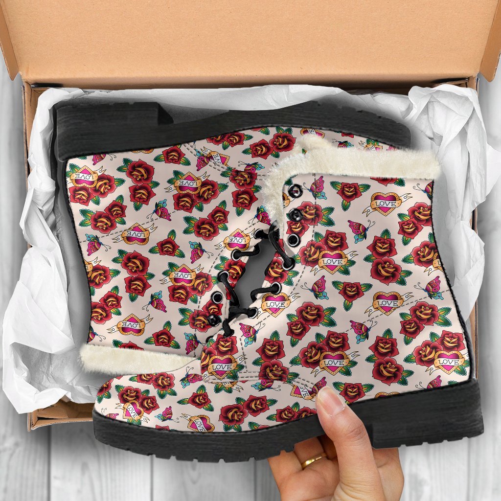 Old School Tattoo Rose Pattern Faux Fur Leather Boots-JTAMIGO.COM